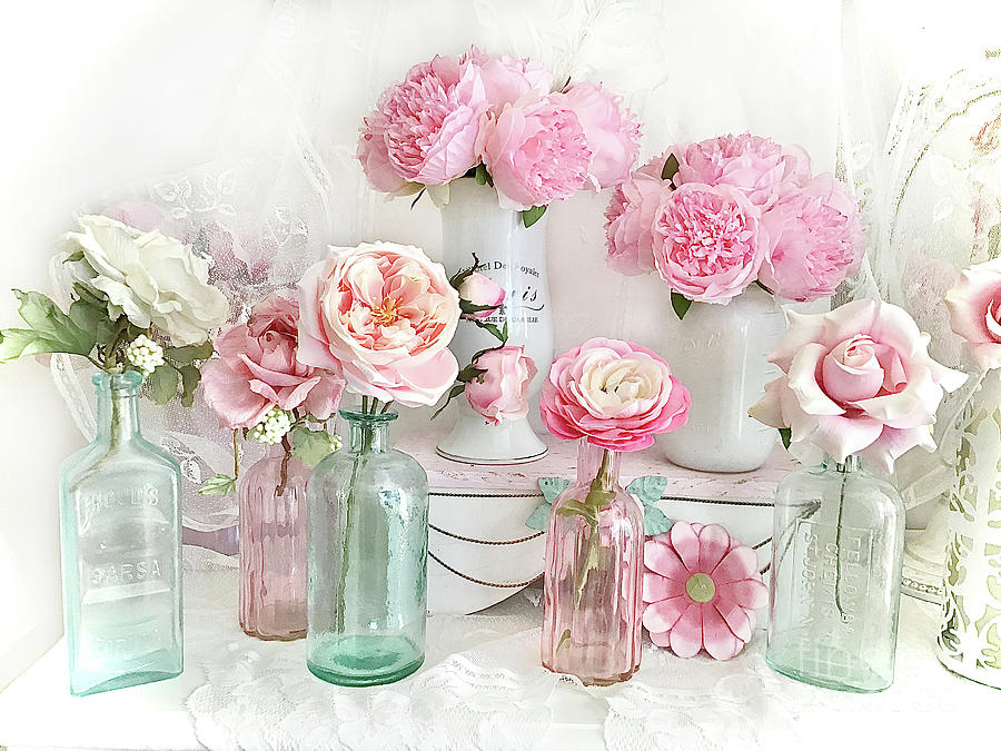 romantic-pastel-shabby-chic-peonies-roses-flowers-bottle-jars-kathy-fornal
